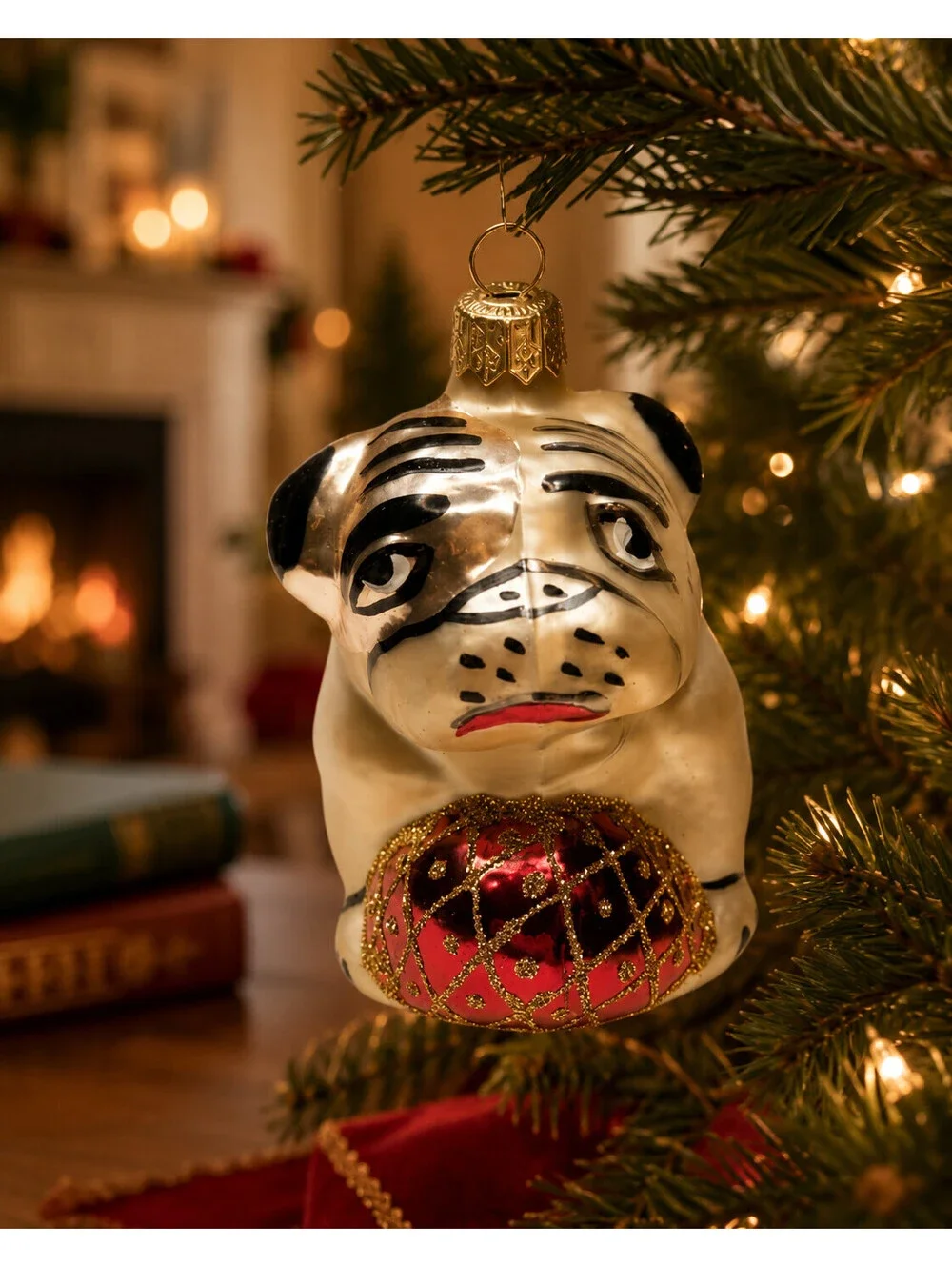 Christopher Radko Glass Pug Dog Christmas Ornament Holding Red Glitter Ball #3